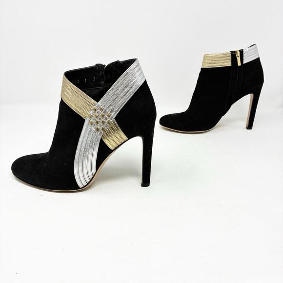 Salvadore Ferragamo Black Suede Silver and Gold Leather Accent Booties 7 - Picture 1 of 8